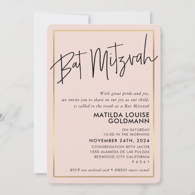 BAT MITZVAH minimal modern blush pink gold frame Invitation (Front)