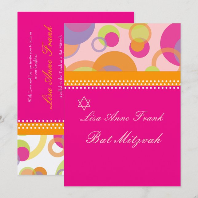 Bat  Mitzvah+Mod Bubbles/orange/hot pink Invitation (Front/Back)