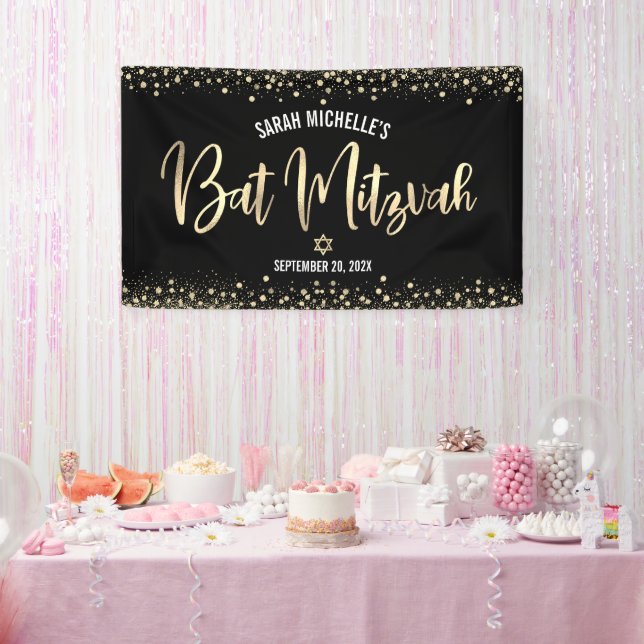 Bat Mitzvah Modern Black Gold Foil Glitter Script Banner (Party)