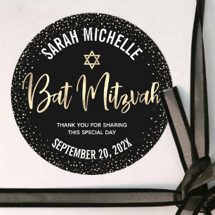Bat Mitzvah Modern Black Gold Foil Glitter Script Classic Round Sticker