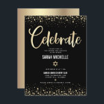 Bat Mitzvah Modern Black Gold Foil Glitter Script Enclosure Card<br><div class="desc">Be proud, rejoice and showcase this milestone of your favourite Bat Mitzvah! Include this stunning, modern, personalised insert for additional information to your event. Graphic faux gold foil calligraphy script, Star of David, and confetti, overlay a rich, dramatic, black background. Personalise the custom text with your Bat Mitzvah’s name, date,...</div>