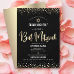 Bat Mitzvah Modern Black Gold Glitter Foil Script  Invitation<br><div class="desc">Be proud, rejoice and showcase this milestone of your favourite Bat Mitzvah! Send out this stunning, modern, sophisticated, personalised invitation for an event to remember. Graphic faux gold foil calligraphy script, Star of David, and confetti, overlay a rich, dramatic, black background. A faux gold Star of David overlays a faux...</div>