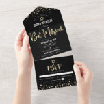 Bat Mitzvah Modern Black Gold Glitter Script Bold All In One Invitation<br><div class="desc">Be proud, rejoice and showcase this milestone of your favourite Bat Mitzvah! Send out this stunning, modern, custom all-in-one invitation for an event to remember. Sparkly gold faux foil, glitter dots and typography script overlay a rich, dramatic, black background. This all-in-one product is an unique combination of a custom invitation...</div>