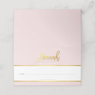 BAT MITZVAH modern blush pink gold name HANNAH Place Card