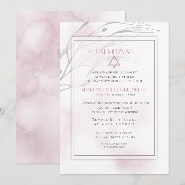 Bat Mitzvah Modern Blush Pink Watercolor Splash Invitation (Front/Back)