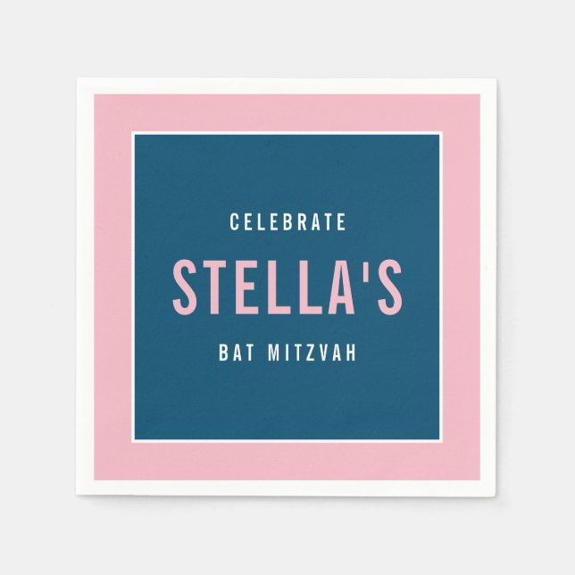 BAT MITZVAH modern bold block dark blue pink Napkin (Front)