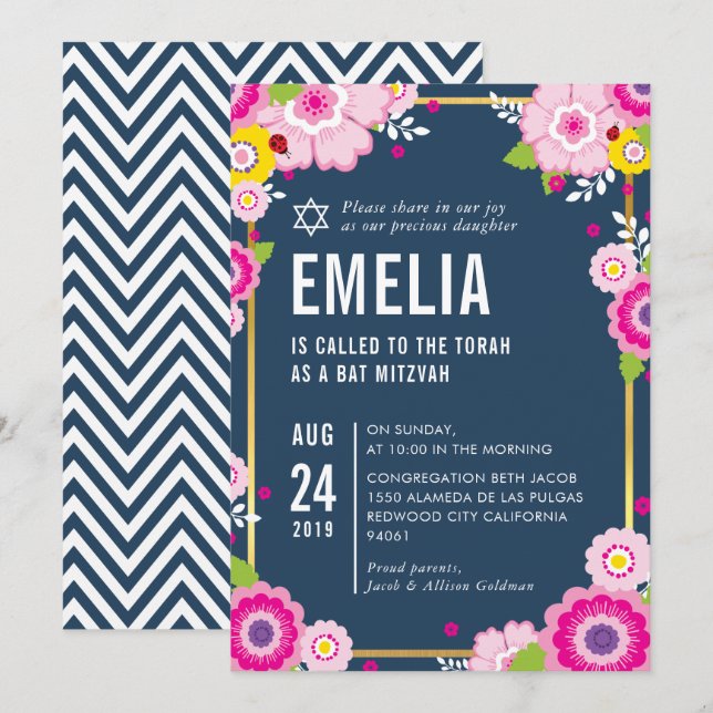 BAT MITZVAH modern bold floral bright navy pink Invitation (Front/Back)