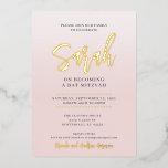 BAT MITZVAH modern calligraphy blush pink gold<br><div class="desc">by kat massard >>> WWW.SIMPLYSWEETPAPERIE.COM <<< A sweet Bar Mitzvah Invitation for your daughter featuring large script name in shiny gold foil! Love the design, but would like to see some changes - another colour scheme, product, add a photo or adapted for a different occasion - no worries simply contact...</div>