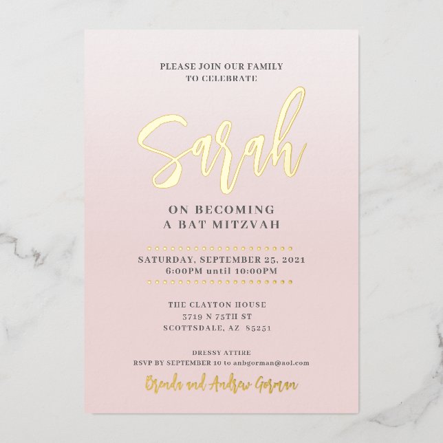 BAT MITZVAH modern calligraphy blush pink gold (Front)