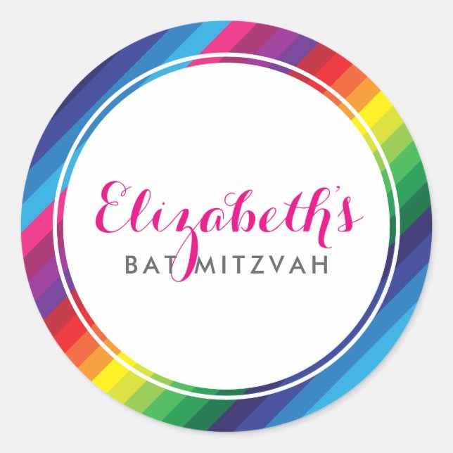 BAT MITZVAH modern colourful rainbow bright stripe Classic Round Sticker (Front)