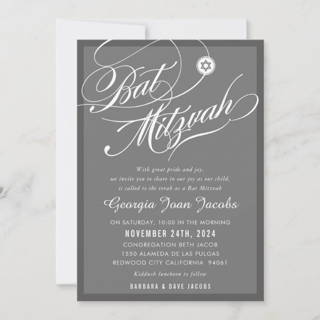 BAT MITZVAH modern elegant script hollywood grey Invitation (Front)