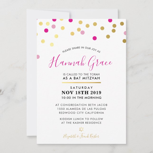 BAT MITZVAH modern fun confetti spots gold pink Invitation (Front)