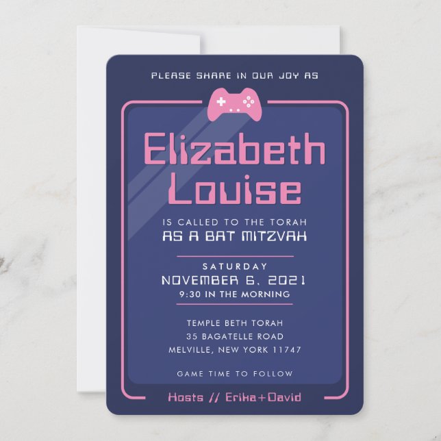 BAT MITZVAH modern gaming controls navy blue pink Invitation (Front)
