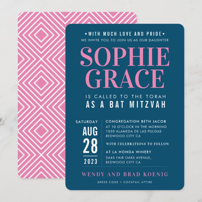 BAT MITZVAH modern geometric stack pink dark blue Invitation (Front/Back)