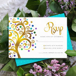 Bat Mitzvah Modern Gold Foil Blue Tree of Life RSVP Card<br><div class="desc">Be proud, rejoice and showcase this milestone of your favourite Bat Mitzvah! Include this graphic faux gold foil tree with sparkly turquoise, teal, purple and blue Star of David and dot “leaves” on a white background, personalised RSVP insert card for your event. A tiny, light turquoise blue Star of David...</div>