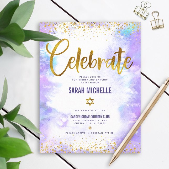 Bat Mitzvah modern gold foil purple watercolor Enclosure Card (Creator Uploaded)