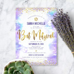 Bat Mitzvah modern gold foil purple watercolor Invitation<br><div class="desc">Be proud, rejoice and showcase this milestone of your favourite Bat Mitzvah! Send out this stunning, modern, sparkly gold faux foil and glitter dots and typography script against a soft purple watercolor background, personalised invitation for an event to remember. Personalise the custom text with your Bat Mitzvah’s name, date, and...</div>