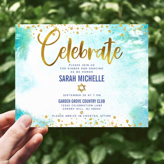 Bat Mitzvah modern gold foil turquoise watercolor Enclosure Card (Creator Uploaded)