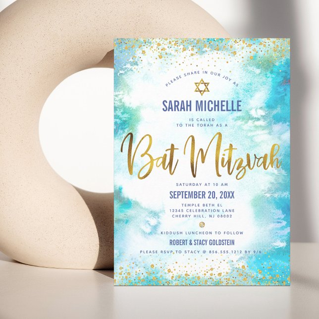 Bat Mitzvah modern gold foil turquoise watercolor Invitation (Creator Uploaded)