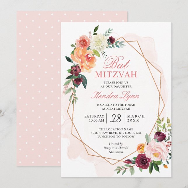 Bat Mitzvah | Modern Gold Frame Watercolor Floral Invitation (Front/Back)