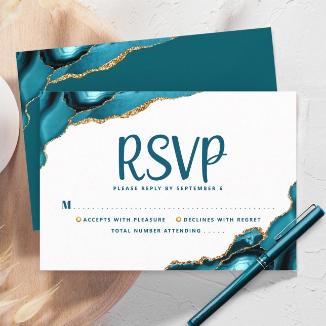 Bat Mitzvah Modern Gold Turquoise Agate Script RSVP Card (Creator Uploaded)