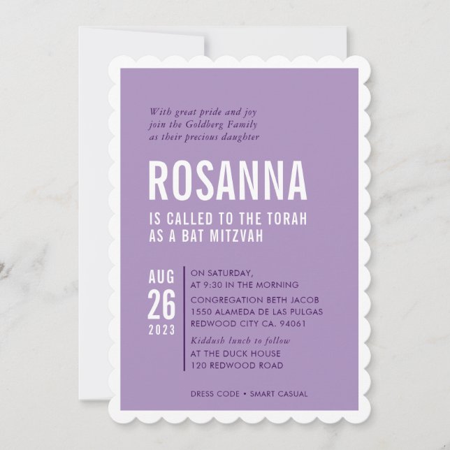 BAT MITZVAH modern minimal design purple Invitation (Front)