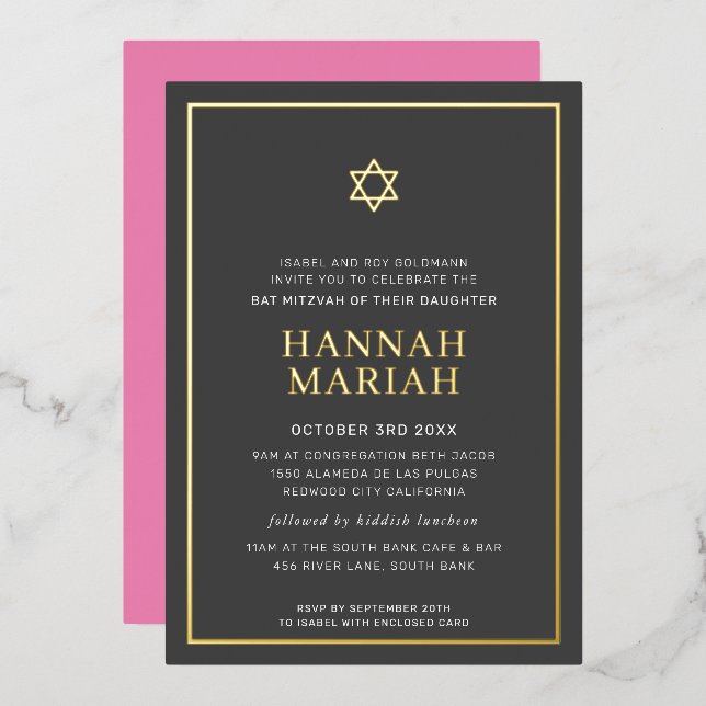BAT MITZVAH modern minimal star border pink grey (Front/Back)