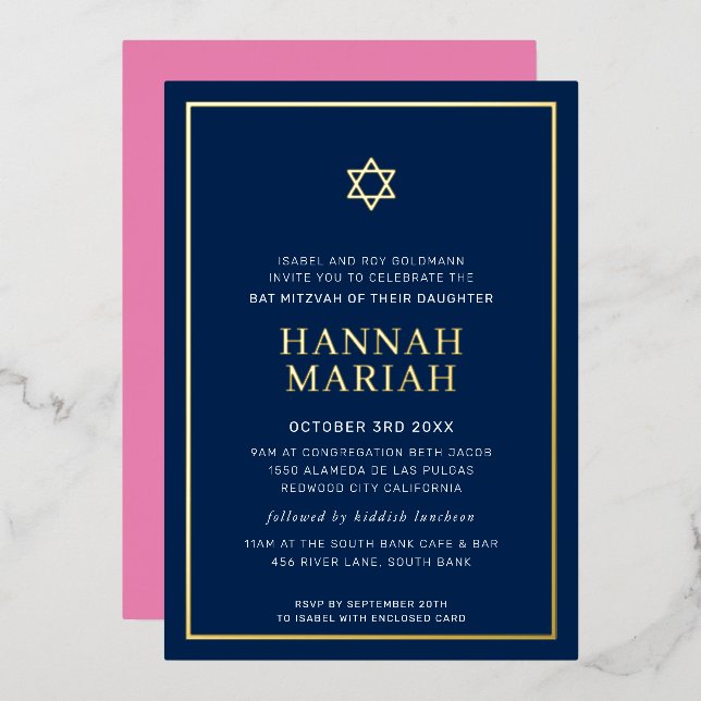 BAT MITZVAH modern minimal star border pink navy (Front/Back)