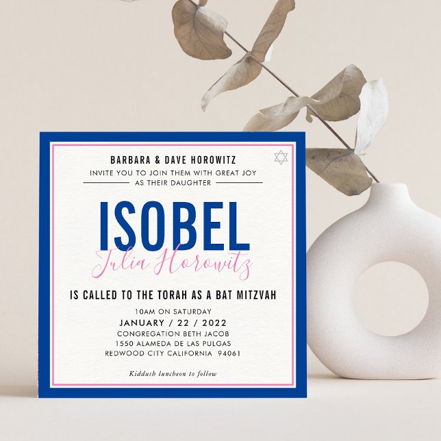 BAT MITZVAH modern minimalist colour pink blue Invitation (Creator Uploaded)