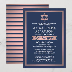 Bat Mitzvah Modern Navy Blue Pink Rose Gold Trendy Invitation