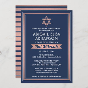 Bat Mitzvah Modern Navy Blue Pink Rose Gold Trendy Invitation