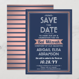 Bat Mitzvah Modern Navy Blue Pink Rose Gold Trendy Save The Date