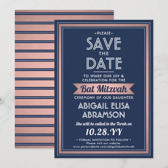 Bat Mitzvah Modern Navy Blue Pink Rose Gold Trendy Save The Date (Front/Back)