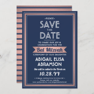 Bat Mitzvah Modern Navy Blue Pink Rose Gold Trendy Save The Date