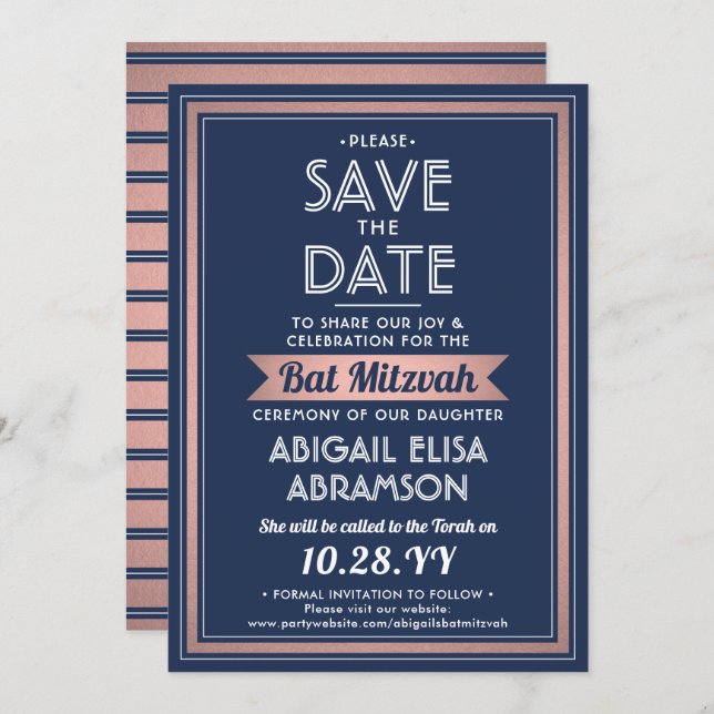 Bat Mitzvah Modern Navy Blue Pink Rose Gold Trendy Save The Date (Front/Back)