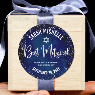 Bat Mitzvah Modern Navy Blue Silver Glitter Script Classic Round Sticker