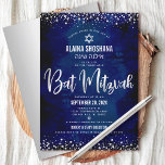 Bat Mitzvah Modern Navy Silver Foil Glitter Script Invitation<br><div class="desc">Be proud, rejoice and showcase this milestone of your favourite Bat Mitzvah! Send out this stunning, modern, sophisticated, personalised Hebrew name invitation for an event to remember. Graphic faux silver foil calligraphy script, Star of David, and confetti, overlay a rich, dramatic, navy blue watercolor background. A faux silver Star of...</div>