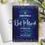 Bat Mitzvah Modern Navy Silver Glitter Foil Script Invitation<br><div class="desc">Be proud, rejoice and showcase this milestone of your favourite Bat Mitzvah! Send out this stunning, modern, sophisticated, personalised invitation for an event to remember. Graphic faux silver foil calligraphy script, Star of David, and glitter confetti, overlay a rich, dramatic, navy blue watercolor background. A faux silver Star of David...</div>