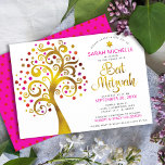 Bat Mitzvah Modern Pink Gold Foil Tree of Life Invitation<br><div class="desc">Be proud, rejoice and showcase this milestone of your favourite Bat Mitzvah! This graphic faux gold foil tree with sparkly pink, orange, and red Star of David and dot “leaves” on a white background is the perfect invitation for this special occasion. A tiny, dark red Star of David pattern overlaying...</div>