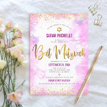 Bat Mitzvah modern pink watercolor gold glitter Invitation<br><div class="desc">Be proud, rejoice and showcase this milestone of your favourite Bat Mitzvah! Send out this stunning, modern, sparkly gold faux foil and glitter dots and typography script against a soft pink watercolor background, personalised invitation for an event to remember. Personalise the custom text with your Bat Mitzvah’s name, date, and...</div>