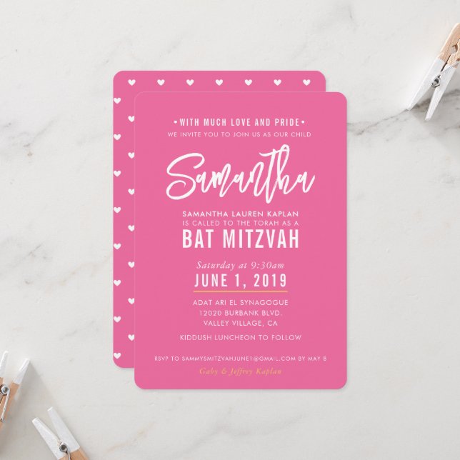 BAT MITZVAH modern pretty pink white script gold Invitation (Front/Back In Situ)