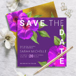 Bat Mitzvah Modern Purple Pink Floral Watercolor Save The Date<br><div class="desc">Make sure all your friends and relatives will be able to celebrate your daughter’s milestone Bat Mitzvah! Send out this chic, stunning, purple pink floral watercolor with modern san serif type against a dark plum purple background, personalised “Save the Date” announcement card. Faux gold foil, purple pink floral watercolor and...</div>