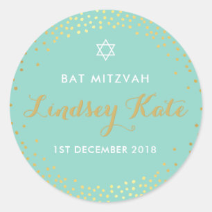 BAT MITZVAH modern rustic gold confetti mint Classic Round Sticker