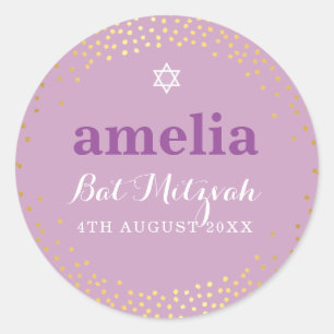 BAT MITZVAH modern rustic gold confetti purple Classic Round Sticker