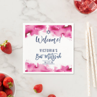 BAT MITZVAH modern script dark pink watercolor Napkin