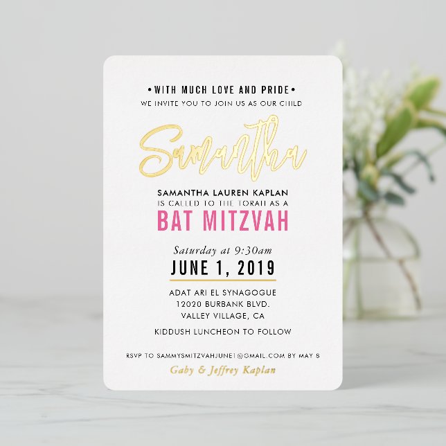 BAT MITZVAH modern script pretty pink gold (Standing Front)