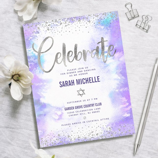 Bat Mitzvah modern silver foil purple watercolor Enclosure Card (Creator Uploaded)