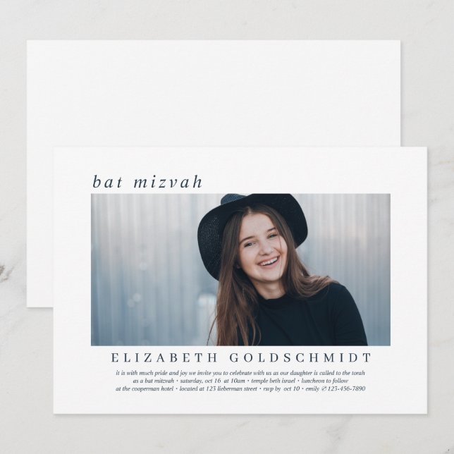 Bat Mitzvah  | Modern Simple Elegant Photo Invitation (Front/Back)