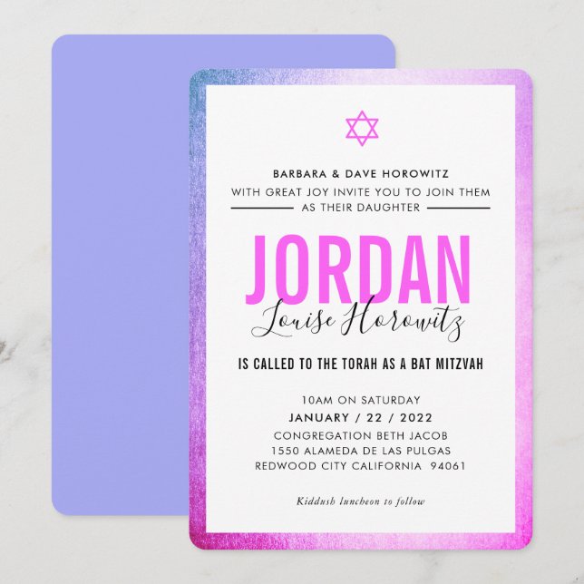 BAT MITZVAH modern star girl pink purple glam Invitation (Front/Back)