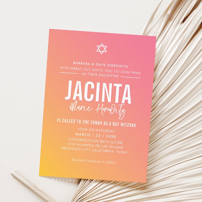BAT MITZVAH modern star pink yellow gradient  Invitation (Creator Uploaded)